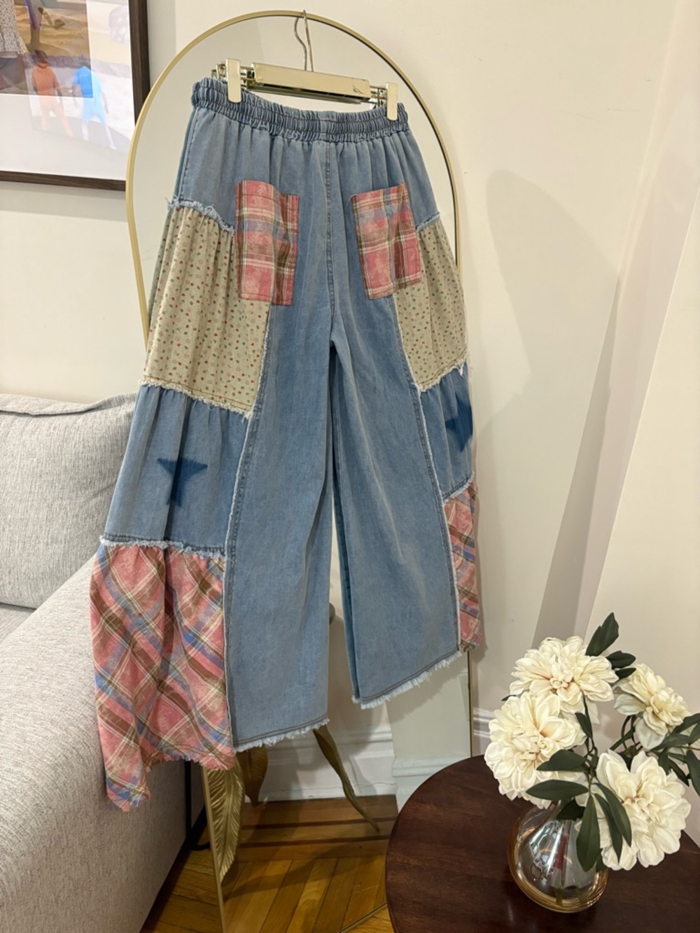 NWT POL LARGE Patchwork Wide-Leg Women’s Jeans in Light Blue Floral & Plaid - Picture 4 of 6